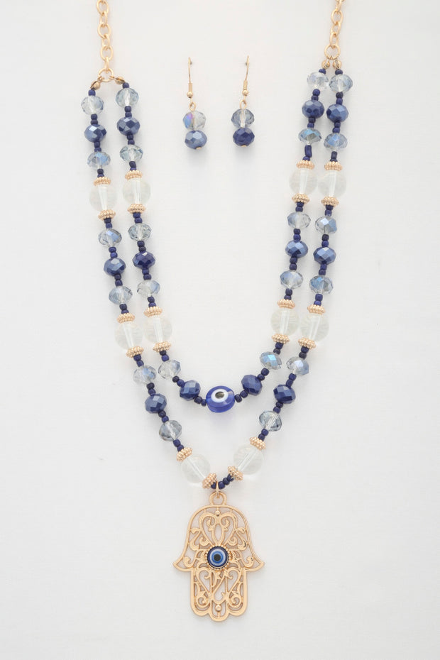 Hamsa hand pendant beaded layered necklace - Fashionmj