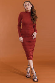 Brick Satin Effect Ruched Turtle Neck Open Back Midi Dress - Fashionmj