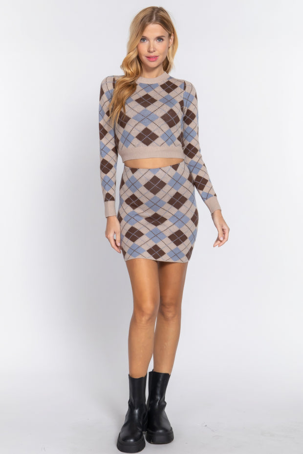 Argyle Jacquard Sweater Mini Skirt - Fashionmj