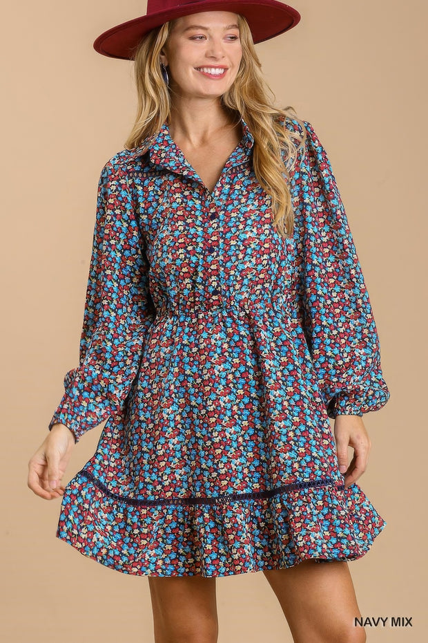 Collared neckline button down floral print dress with crochet trimmed details - Fashionmj