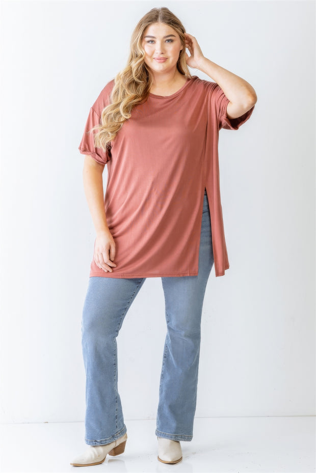 Plus Brick Round Neck Short Sleeve Relax Top - Fashionmj