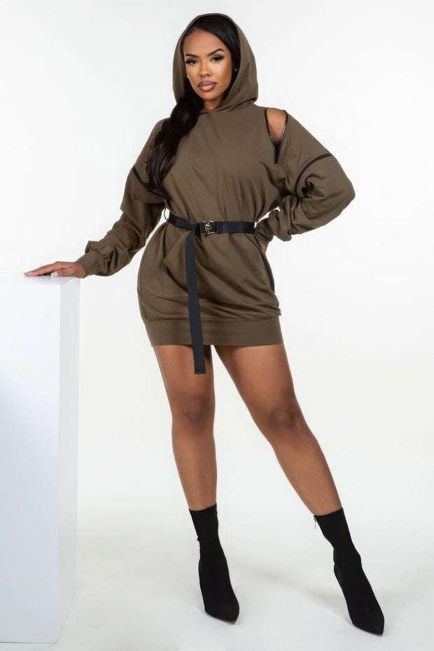 Double Zipper Long Sleeve Hooded Mini Dress - Fashionmj