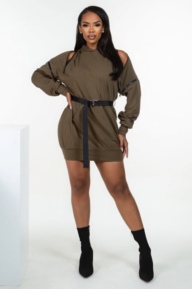 Double Zipper Long Sleeve Hooded Mini Dress - Fashionmj