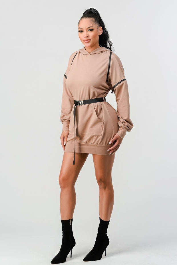 Double Zipper Long Sleeve Hooded Mini Dress - Fashionmj