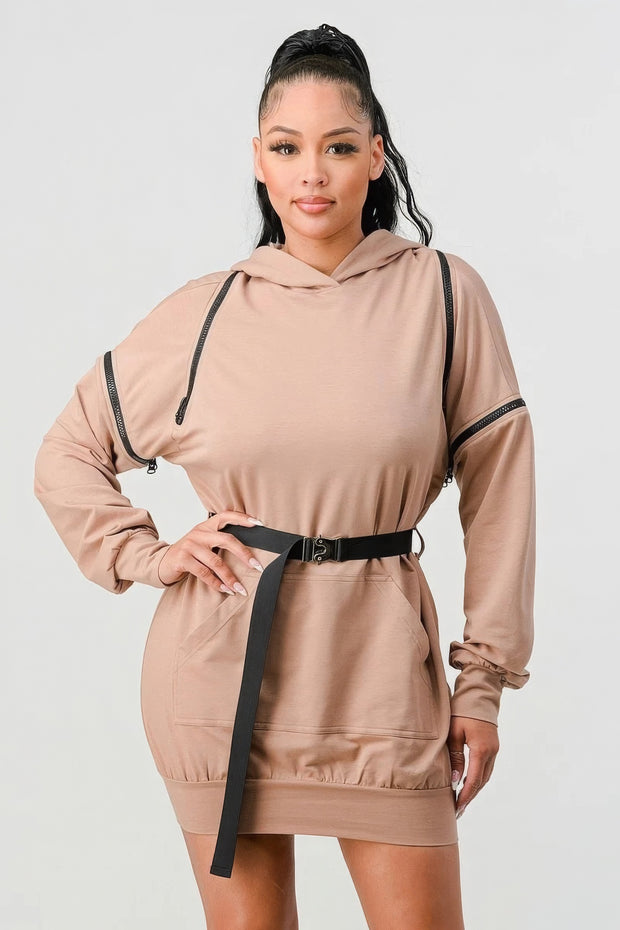 Double Zipper Long Sleeve Hooded Mini Dress - Fashionmj