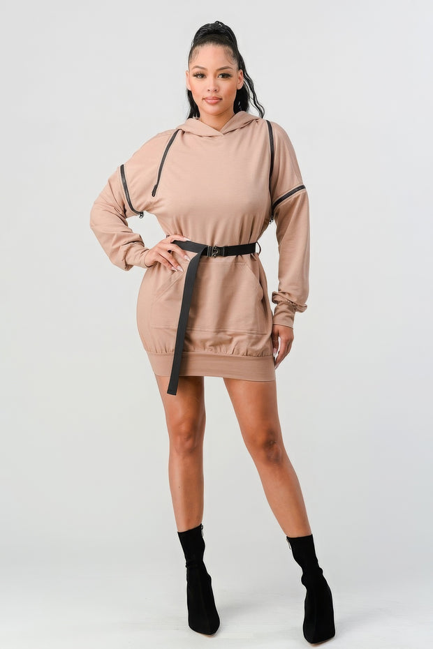 Double Zipper Long Sleeve Hooded Mini Dress - Fashionmj