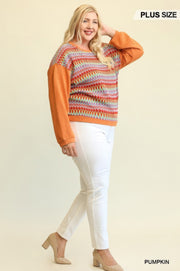 Novelty Knit And Solid Knit Mixed Loose Top With Drop Down Shoulder - Fashionmj