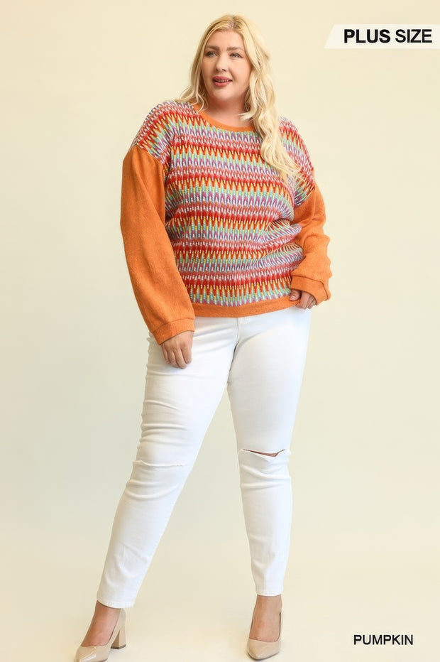 Novelty Knit And Solid Knit Mixed Loose Top With Drop Down Shoulder - Fashionmj