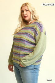 Novelty Knit And Solid Knit Mixed Loose Top With Drop Down Shoulder - Fashionmj