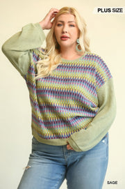 Novelty Knit And Solid Knit Mixed Loose Top With Drop Down Shoulder - Fashionmj