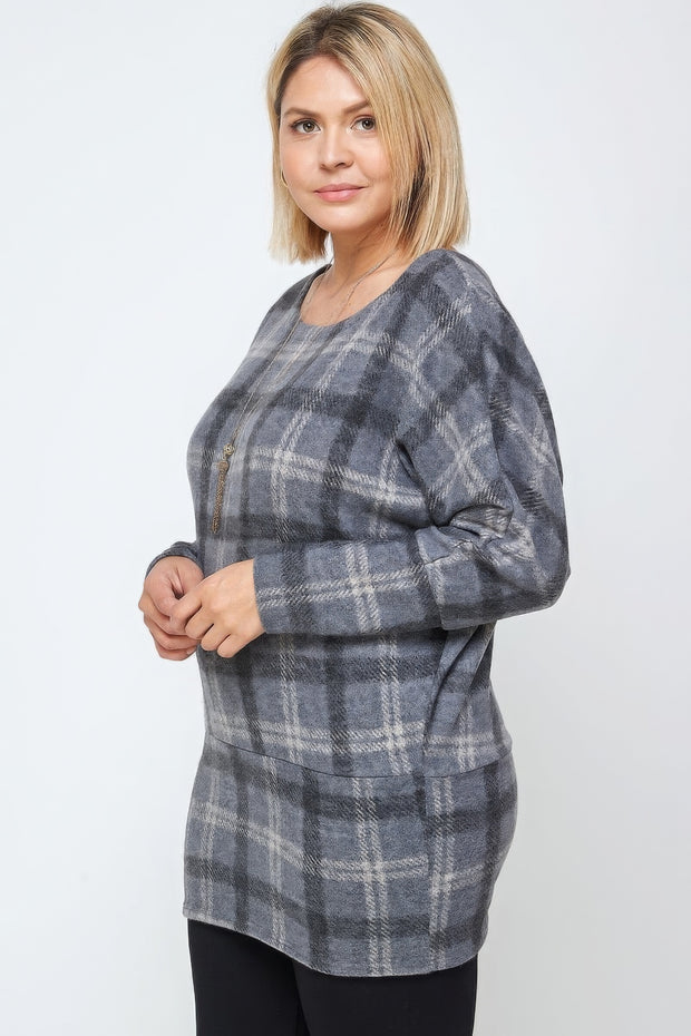 Boat Neck, Plaid Print Tunic Top, With Long Dolman Sleeves - Fashionmj