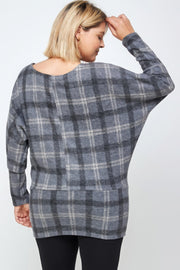 Boat Neck, Plaid Print Tunic Top, With Long Dolman Sleeves - Fashionmj