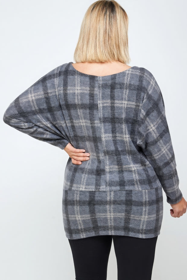 Boat Neck, Plaid Print Tunic Top, With Long Dolman Sleeves - Fashionmj