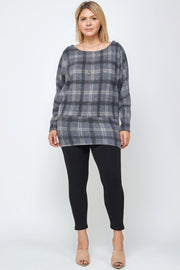 Boat Neck, Plaid Print Tunic Top, With Long Dolman Sleeves - Fashionmj