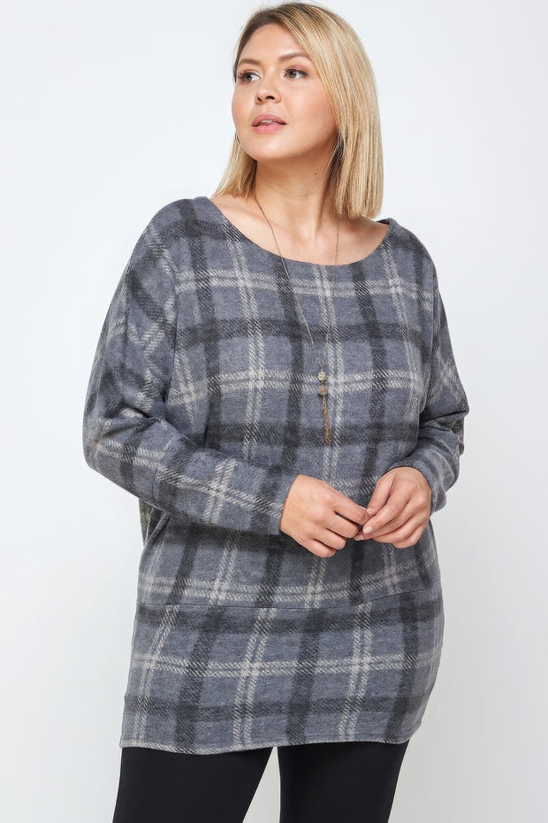 Boat Neck, Plaid Print Tunic Top, With Long Dolman Sleeves - Fashionmj