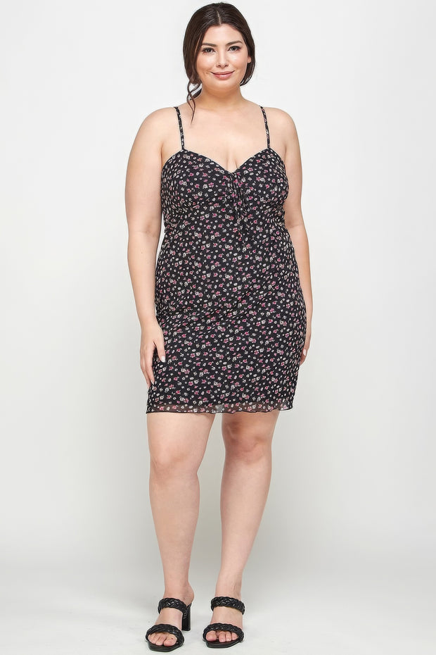 Plus Size Ditsy Floral Print On Mesh Fabric Cami Dress - Fashionmj