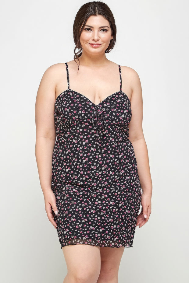 Plus Size Ditsy Floral Print On Mesh Fabric Cami Dress - Fashionmj