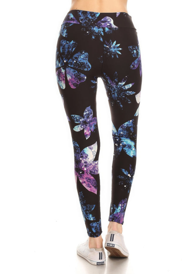 Yoga Style Banded Lined Galaxy Silhouette Floral Print, Full Length Leggings In A Slim Fitting Style With A Banded High Waist - Fashionmj