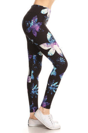 Yoga Style Banded Lined Galaxy Silhouette Floral Print, Full Length Leggings In A Slim Fitting Style With A Banded High Waist - Fashionmj