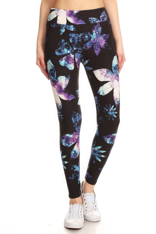 Yoga Style Banded Lined Galaxy Silhouette Floral Print, Full Length Leggings In A Slim Fitting Style With A Banded High Waist - Fashionmj