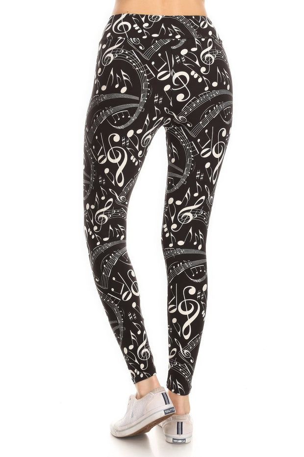 Yoga Style Banded Lined Music Note Print, Full Length Leggings In A Slim Fitting Style With A Banded High Waist - Fashionmj