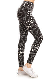 Yoga Style Banded Lined Music Note Print, Full Length Leggings In A Slim Fitting Style With A Banded High Waist - Fashionmj