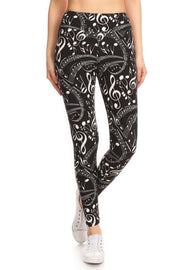 Yoga Style Banded Lined Music Note Print, Full Length Leggings In A Slim Fitting Style With A Banded High Waist - Fashionmj