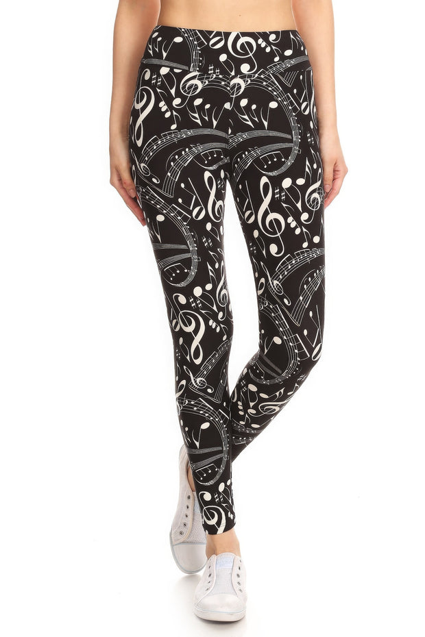 Yoga Style Banded Lined Music Note Print, Full Length Leggings In A Slim Fitting Style With A Banded High Waist - Fashionmj