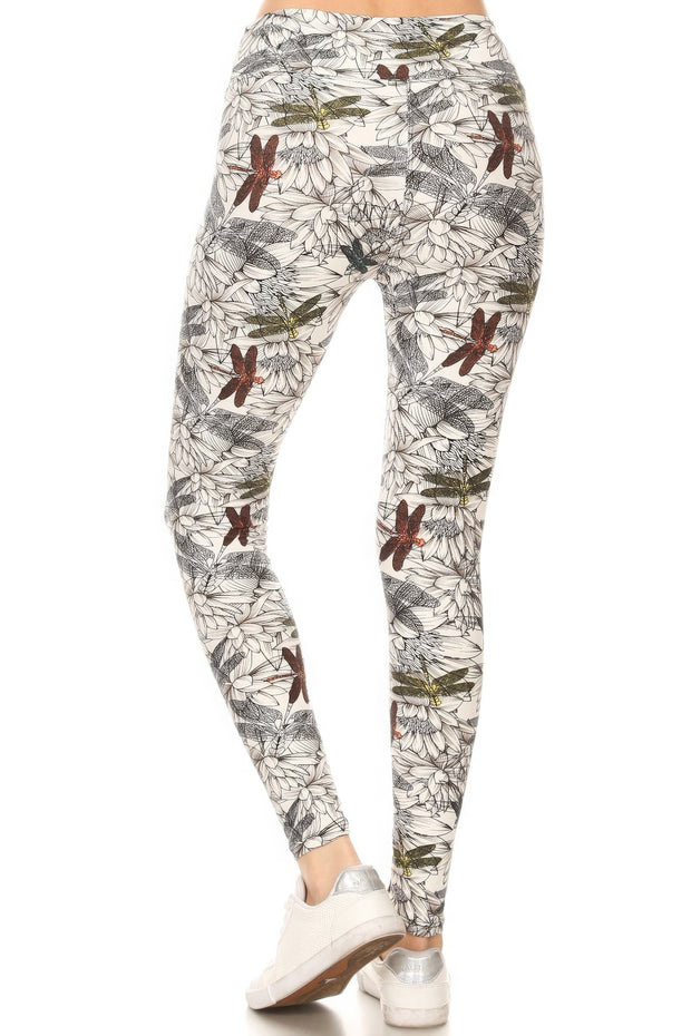 Yoga Style Banded Lined Dragonfly Print, Full Length Leggings In A Slim Fitting Style With A Banded High Waist - Fashionmj