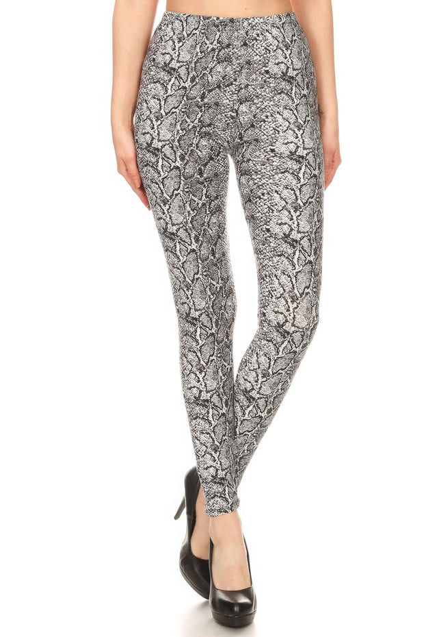 Snakeskin Print, Full Length, High Waisted Leggings In A Fitted Style With An Elastic Waistband - Fashionmj