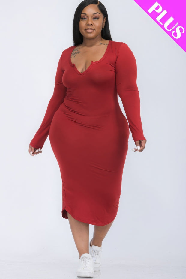 Plus Size Split Neck Long Sleeve Midi Dress - Fashionmj