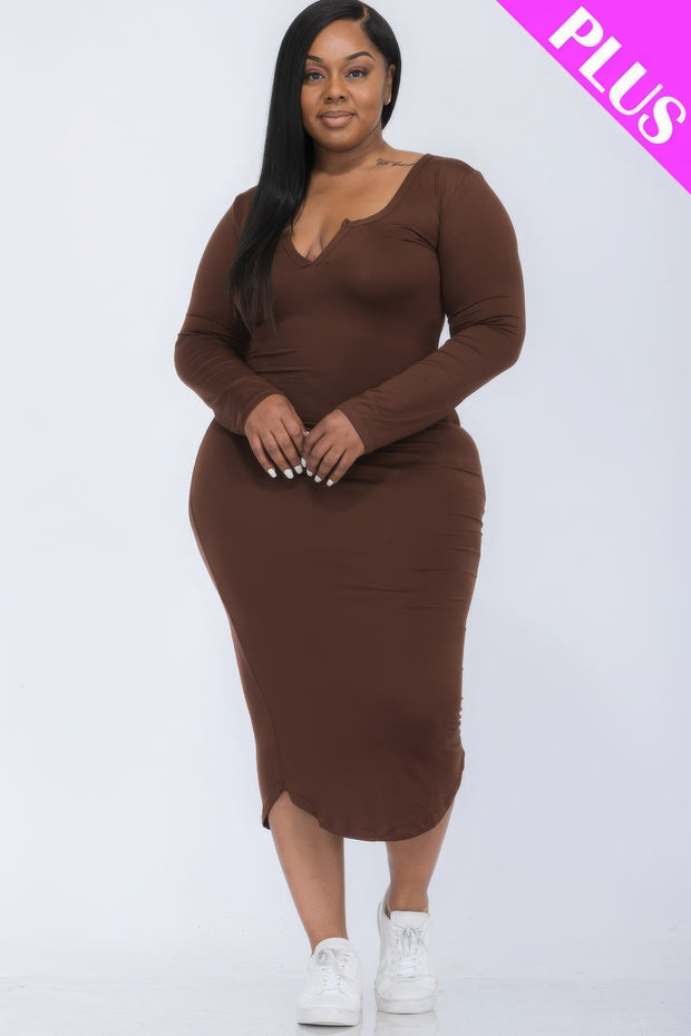 Plus Size Split Neck Long Sleeve Midi Dress - Fashionmj