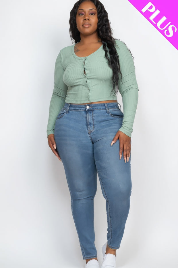 Plus Size Button Up Cropped Top - Fashionmj