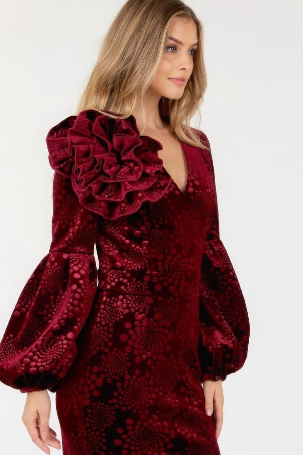 Flower Patch Flocked Velvet Fitted Midi Dress With Puff Sleeves - Fashionmj