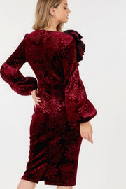 Flower Patch Flocked Velvet Fitted Midi Dress With Puff Sleeves - Fashionmj