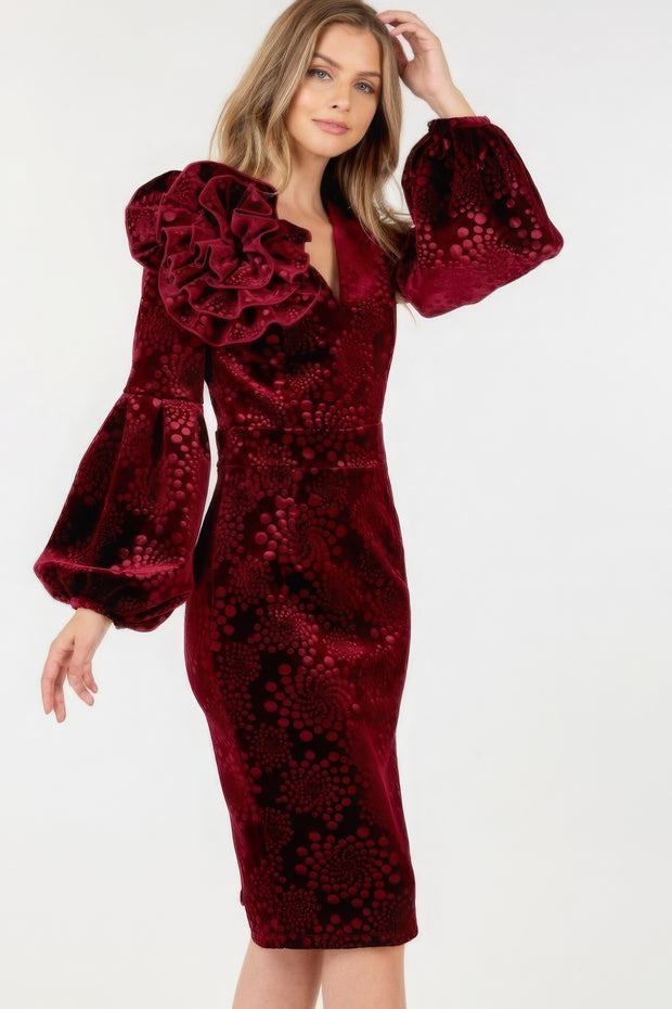 Flower Patch Flocked Velvet Fitted Midi Dress With Puff Sleeves - Fashionmj