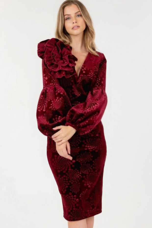 Flower Patch Flocked Velvet Fitted Midi Dress With Puff Sleeves - Fashionmj