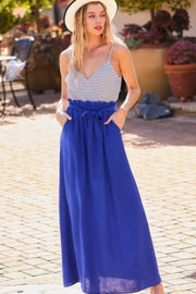 Striped Print Cami Sol Top Hi-waist Skirt Side Pocket Maxi Dress - Fashionmj