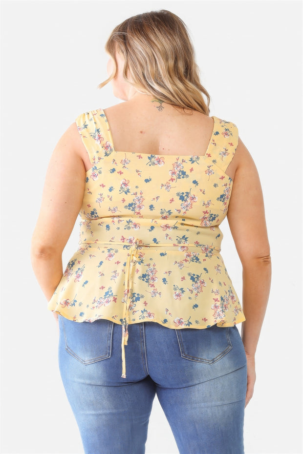 Plus Floral Button-up Sleeveless Flare Hem Top - Fashionmj