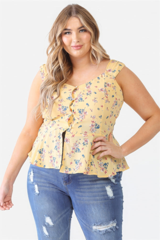 Plus Floral Button-up Sleeveless Flare Hem Top - Fashionmj