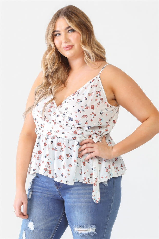 Plus Floral Sleeveless Wrap Neck Flare Hem Top - Fashionmj