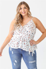 Plus Floral Sleeveless Wrap Neck Flare Hem Top - Fashionmj