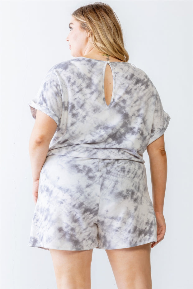 Plus Ivory & Grey Tie-dye Print Two Pocket Romper - Fashionmj