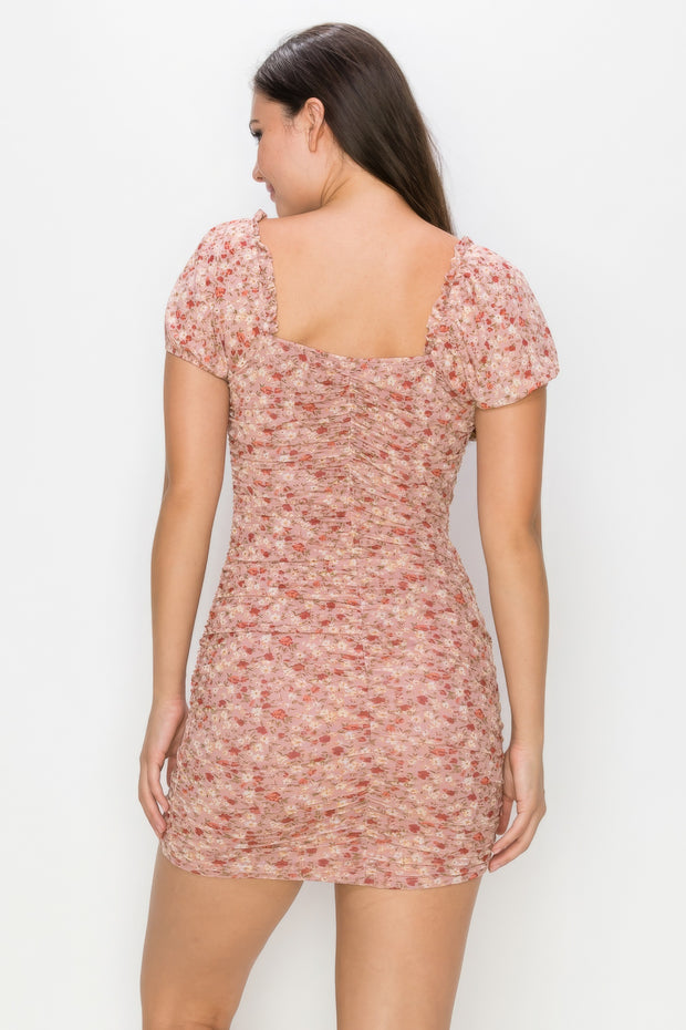 Ruched Floral Ruffled Bodycon Dress - Fashionmj