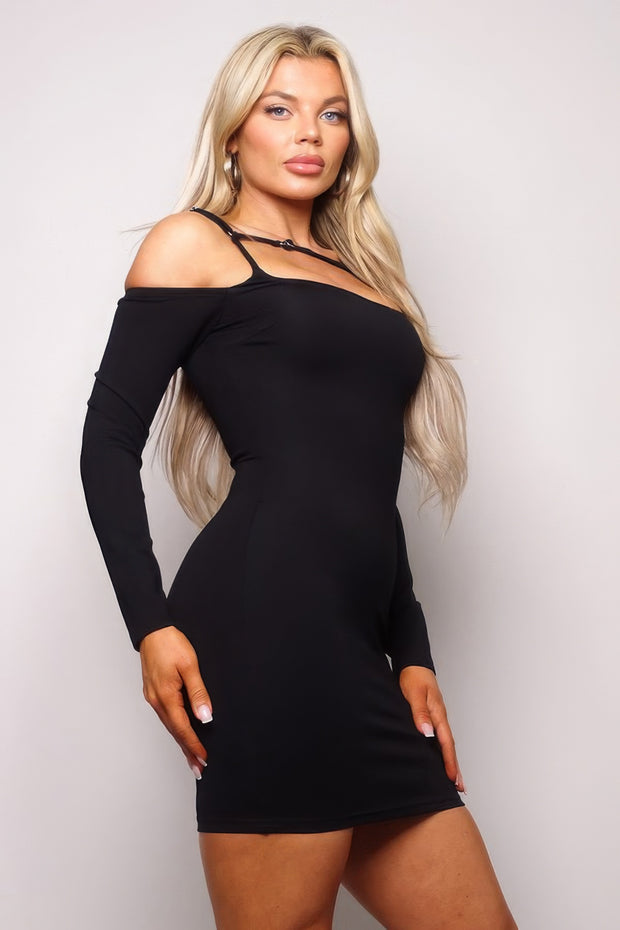 Long Sleeve Cuff Front Strap Mini Dress - Fashionmj