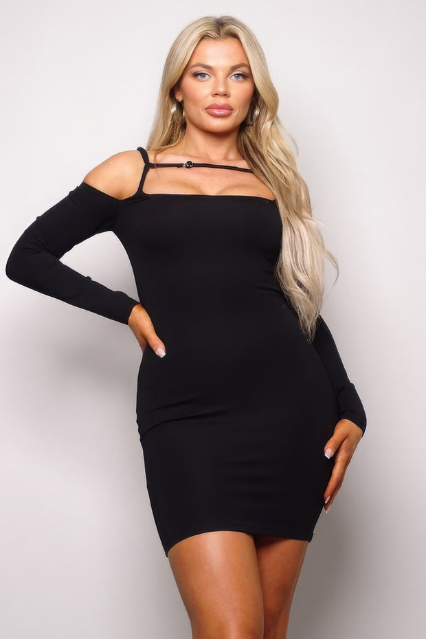 Long Sleeve Cuff Front Strap Mini Dress - Fashionmj