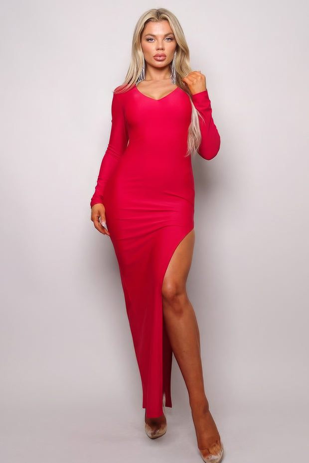 Long Sleeve V Neck Open Back Maxi Dress - Fashionmj