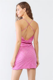 Fuchsia Geo Print Mesh Sleeveless Strappy Criss-cross Open Back Mini Dress - Fashionmj