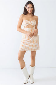 White & Apricot Stripe Print Strapless Twist Cut-out Smocked Back Mini Dress - Fashionmj