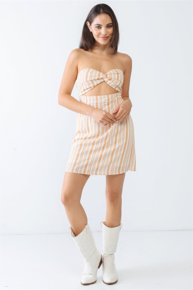 White & Apricot Stripe Print Strapless Twist Cut-out Smocked Back Mini Dress - Fashionmj